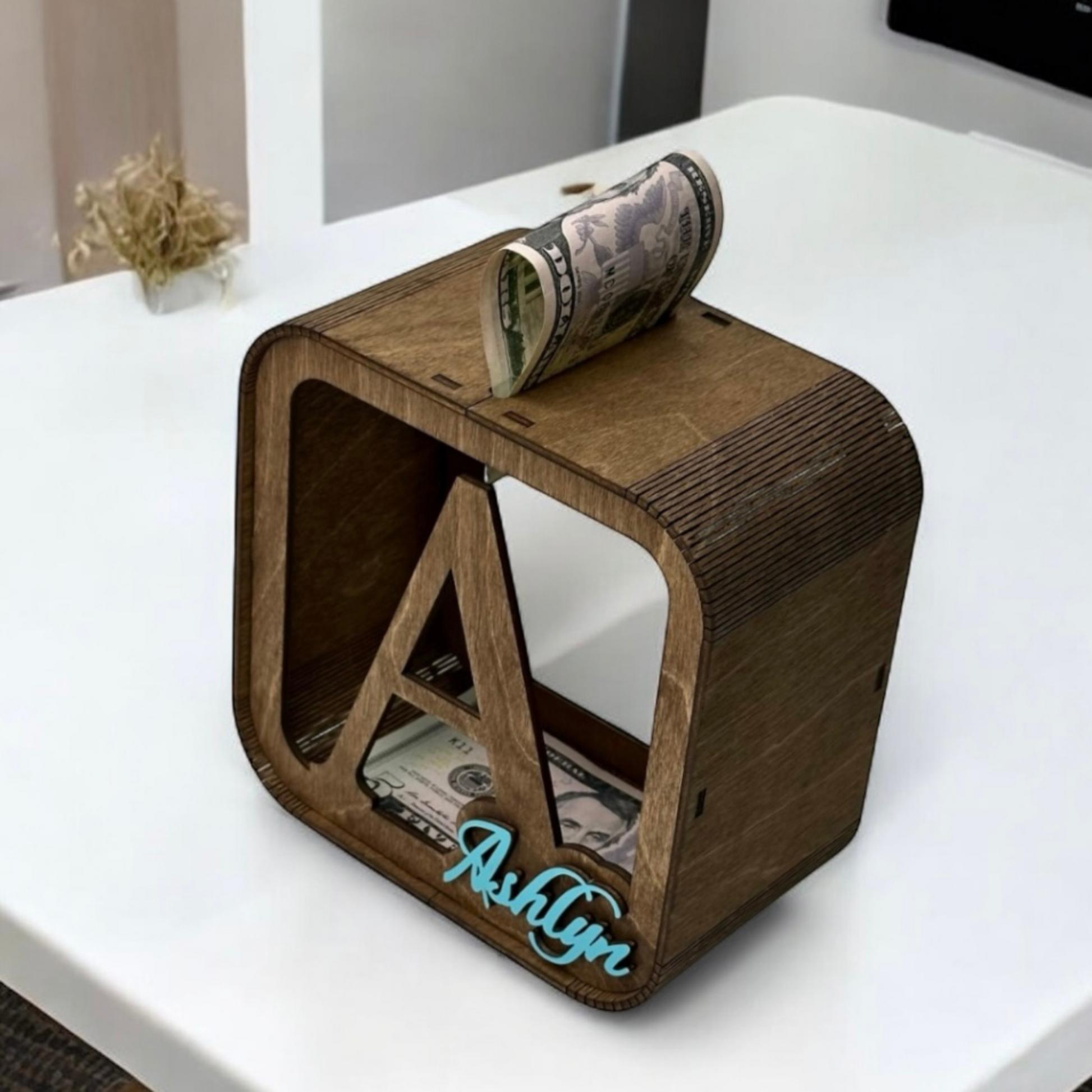 personalized wooden money box for children, stylish with the child's name in color