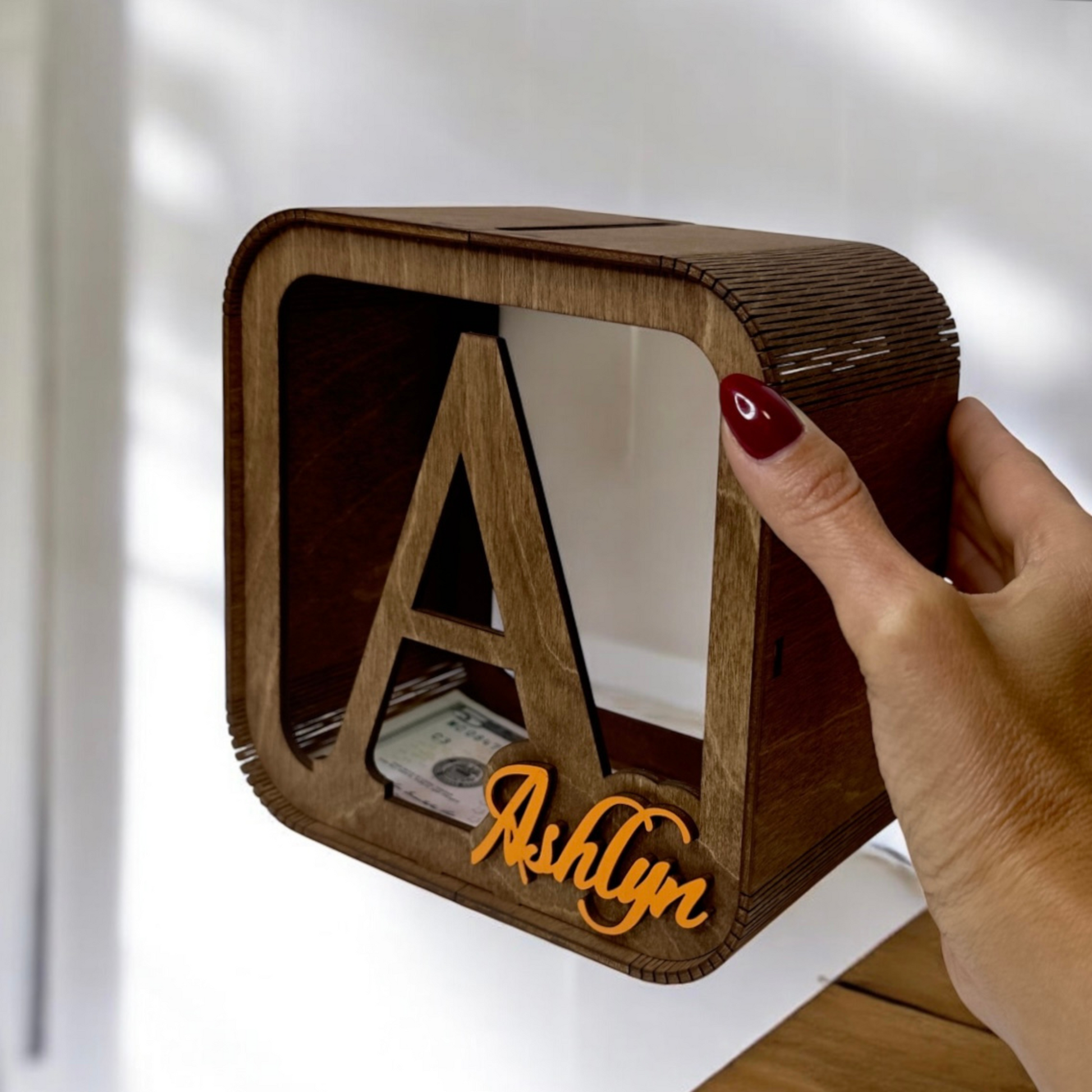 personalized wooden money box for children, stylish with the child's name in color