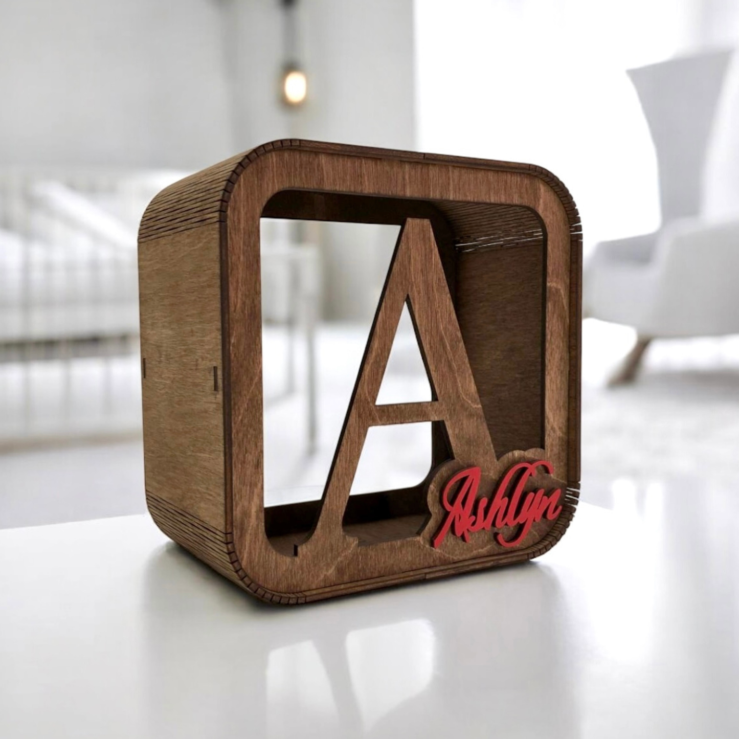 personalized wooden money box for children, stylish with the child's name in color