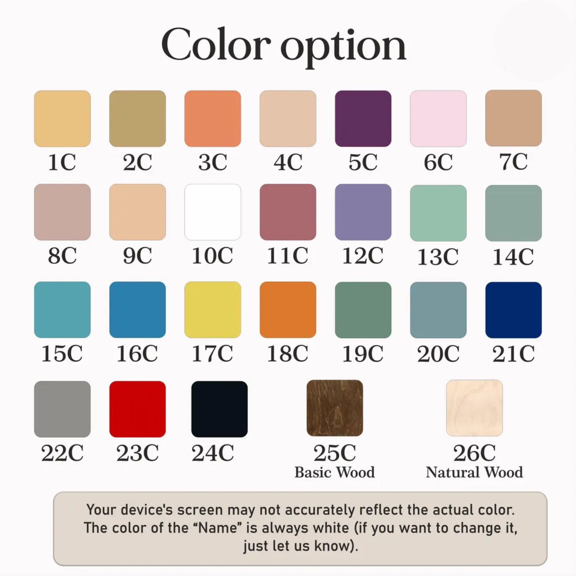 Color swatch chart with various color options labeled from 1C to 26C.
