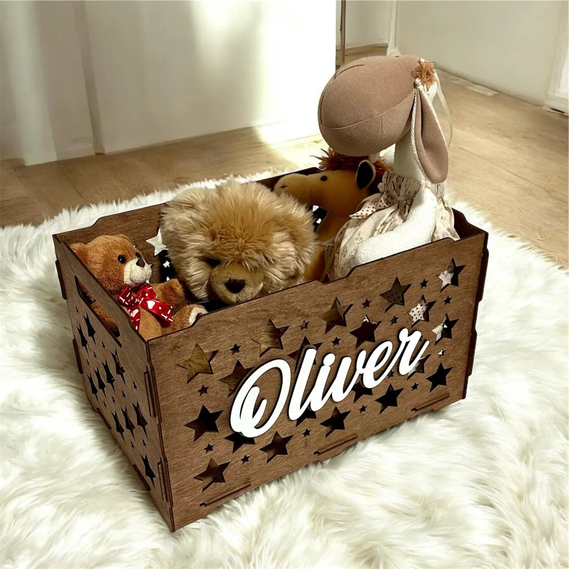 personalized wooden toy box for children, beautifully carved, with toys inside