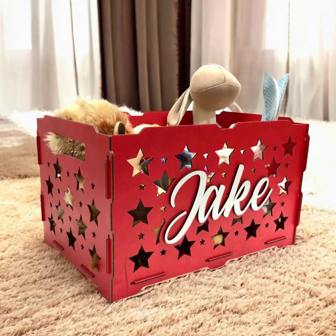 personalized wooden toy box for children, beautifully carved, with toys inside