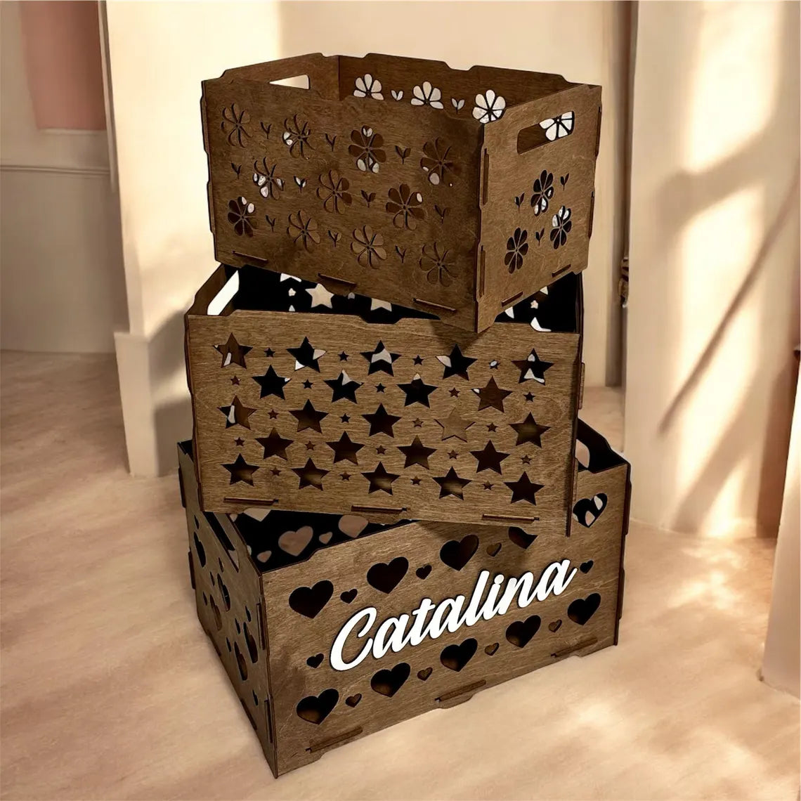 personalized wooden toy box for children, beautifully carved, with toys inside