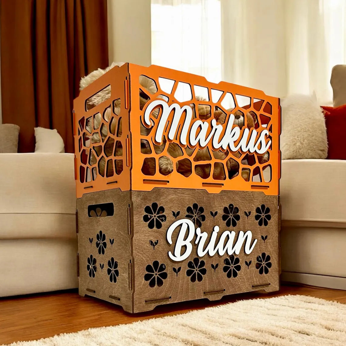 personalized wooden toy box for children, beautifully carved, with toys inside